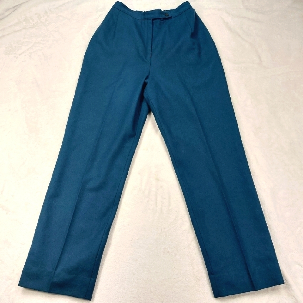 PENDLETON PETITE WOMENS VINTAGE BLUE GREEN TEAL 100% WOOL TROUSER PANTS SIZE 8